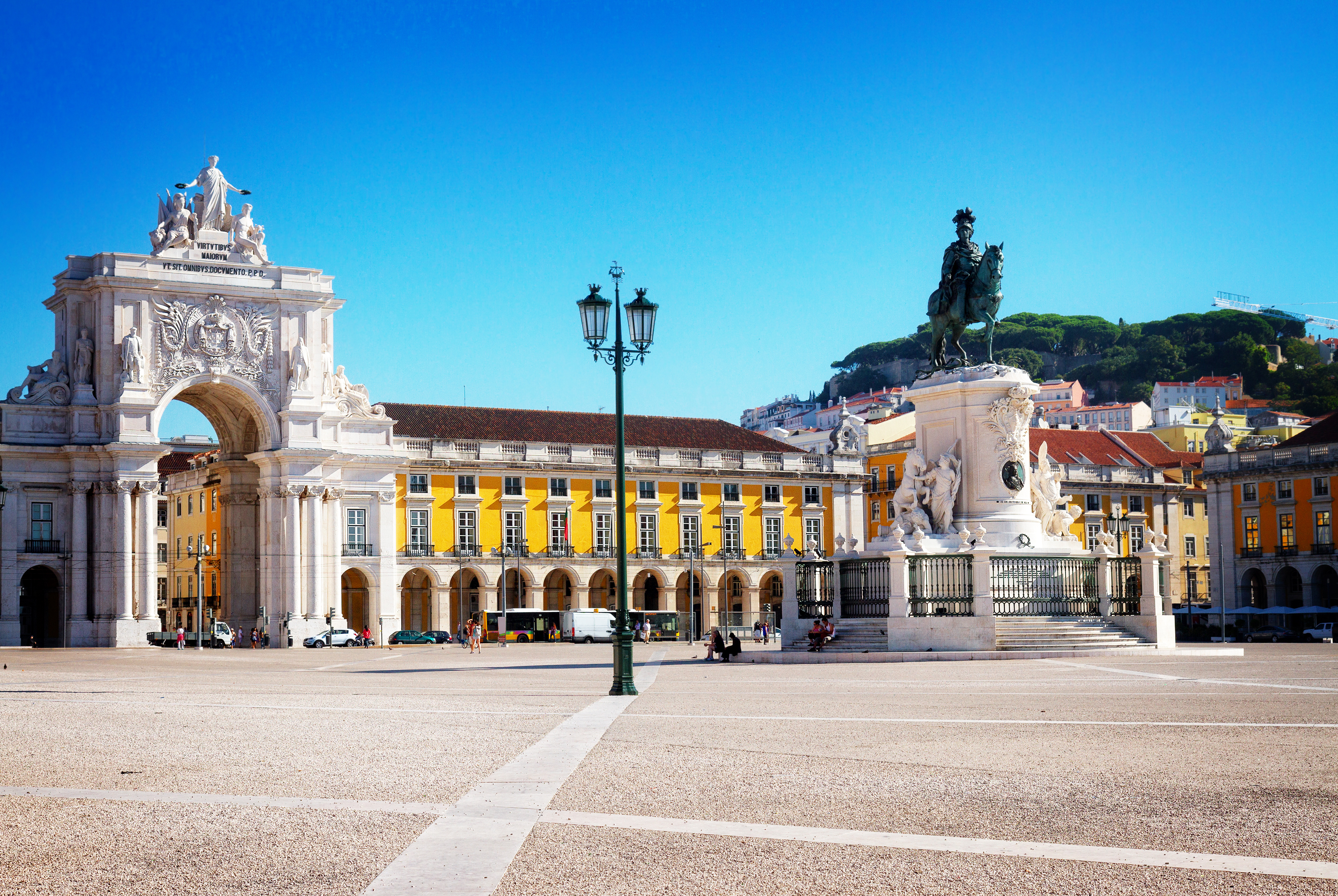 Rua Augusta Arch in Lisbon, Portugal Commerce Square at sunny aummer day, Lisbon, Portugal, retro toned